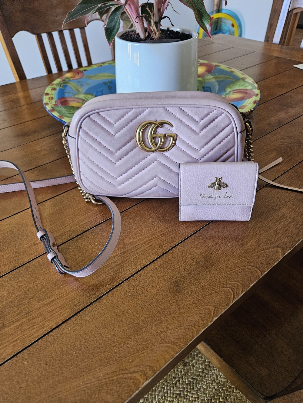 Gucci Blush Pink GG Marmont Quilted Leather Camera Bag & Wallet Gold Bee